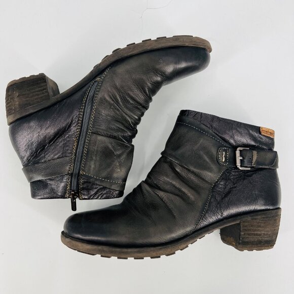 Pikolinos Ruched Black Leather Ankle Boots with Buckle‎ Size 40 - Picture 2 of 12